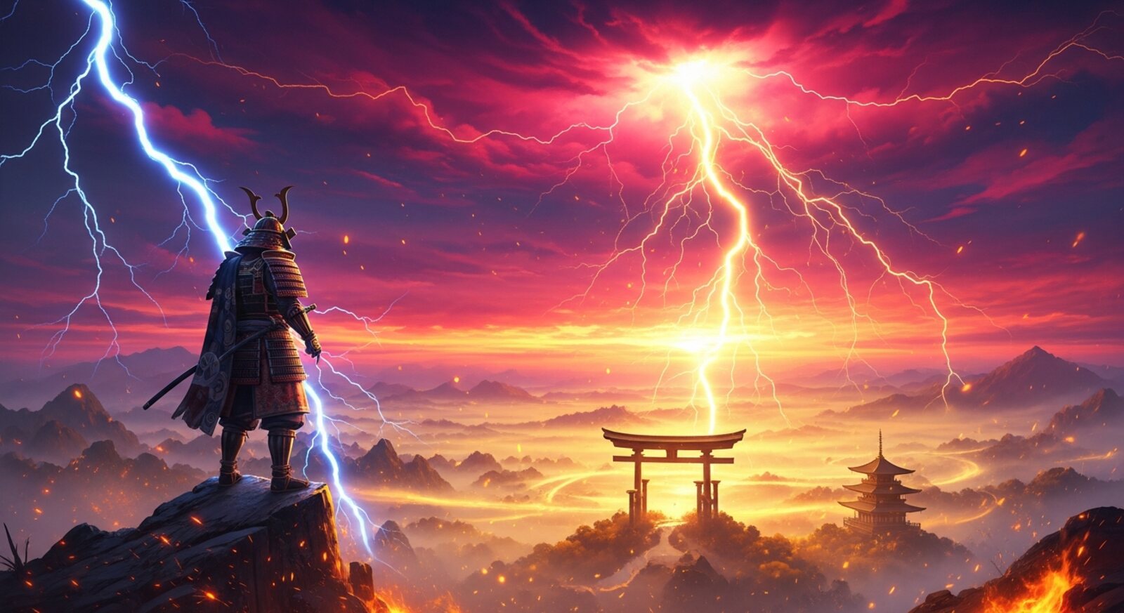 A lone samurai guardian beneath crimson lightning